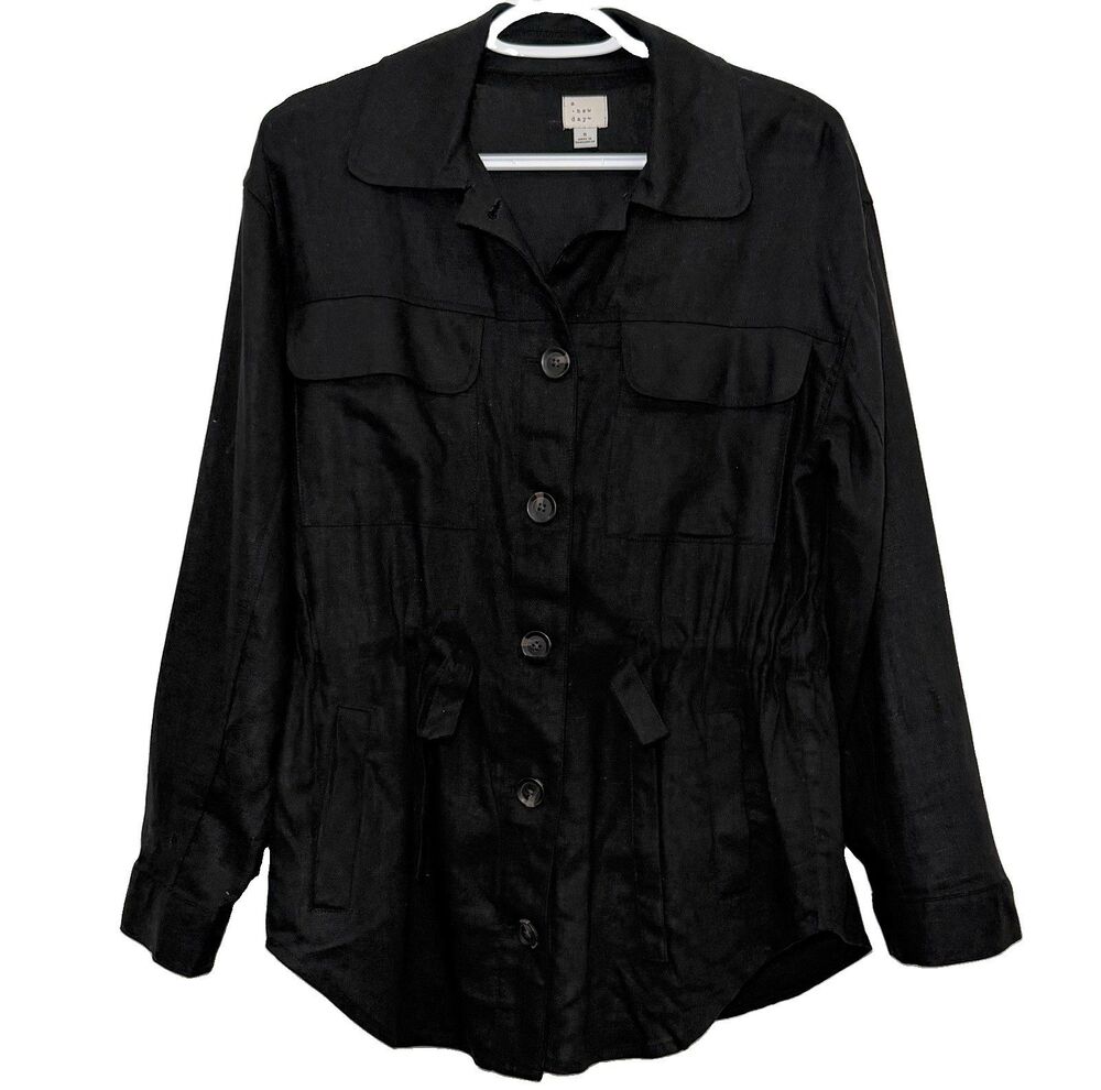 A New Day Black Linen Blend Utility Jacket Shirt Women’s Small Drawstring